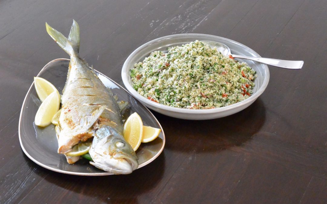 Whole Steamed Kingfish with Chermoula Spices and Tabbouleh