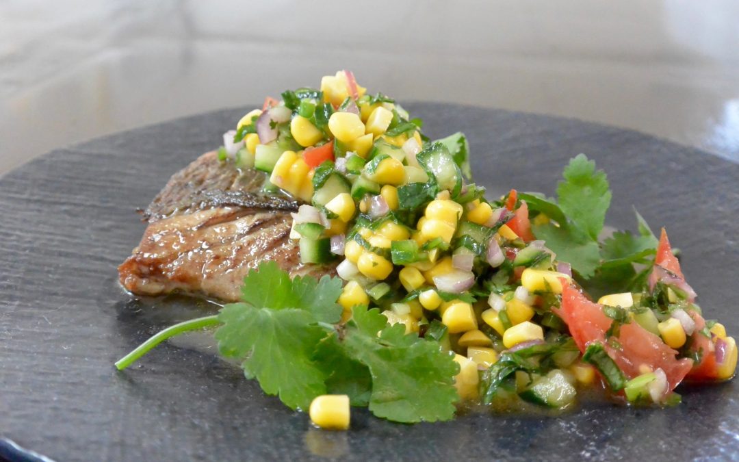 Snapper with Steamed Corn and Jalapeno Salsa