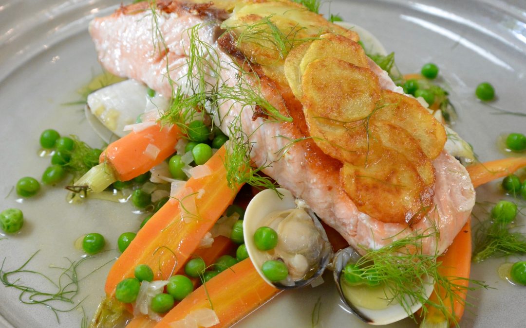 Steamed Atlantic Salmon, Potato Scales, Clam and Vegetable Broth