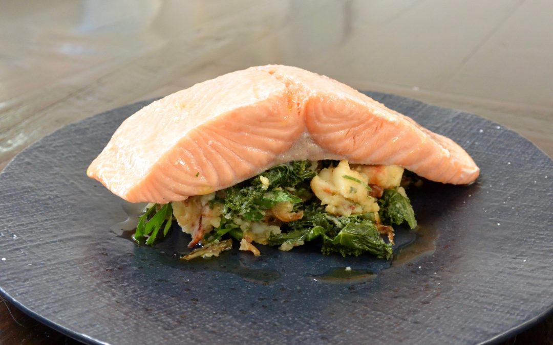 Steamed Atlantic Salmon with Prawn, Kale and Bacon Colcannon