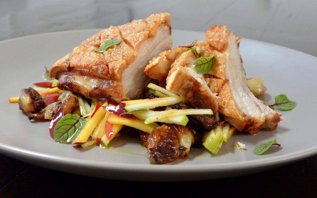 Roasted Pork Belly, Golden Shallots, Apple and Nectarine Salad