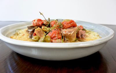 Veal Osso Bucco, Spiced Olives, Tomatoes and Risoni