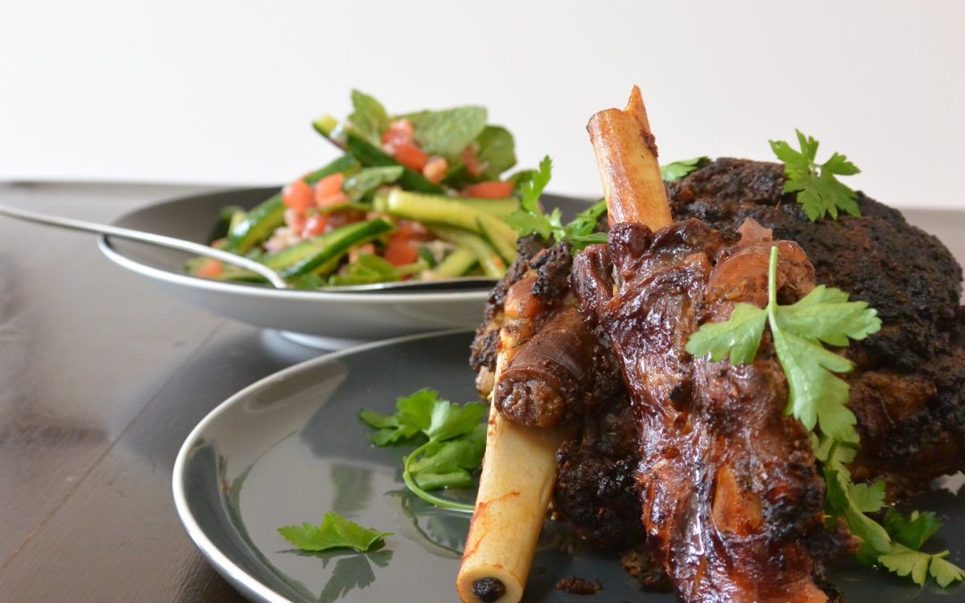 Slow Roasted Spiced Lamb Leg, Prune and Cucumber Salad