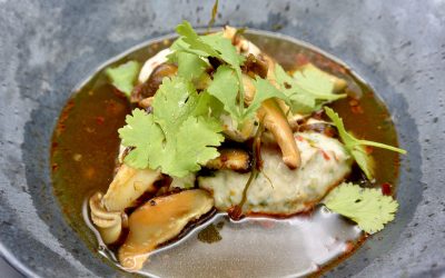Steamed Chicken Dumplings, Chilli, Lime and Shitake Broth